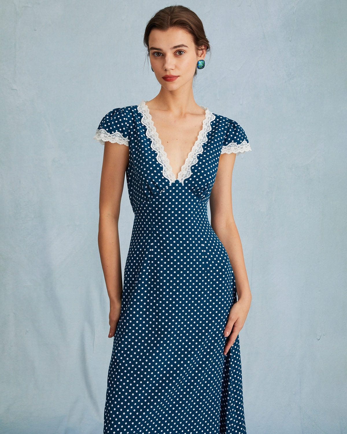 Navy Polka Dot Lace Ruched V-Neck Maxi Dress