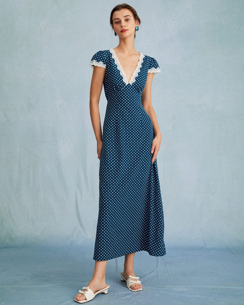 Navy Polka Dot Lace Ruched V-Neck Maxi Dress