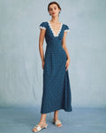 Navy Polka Dot Lace Ruched V-Neck Maxi Dress