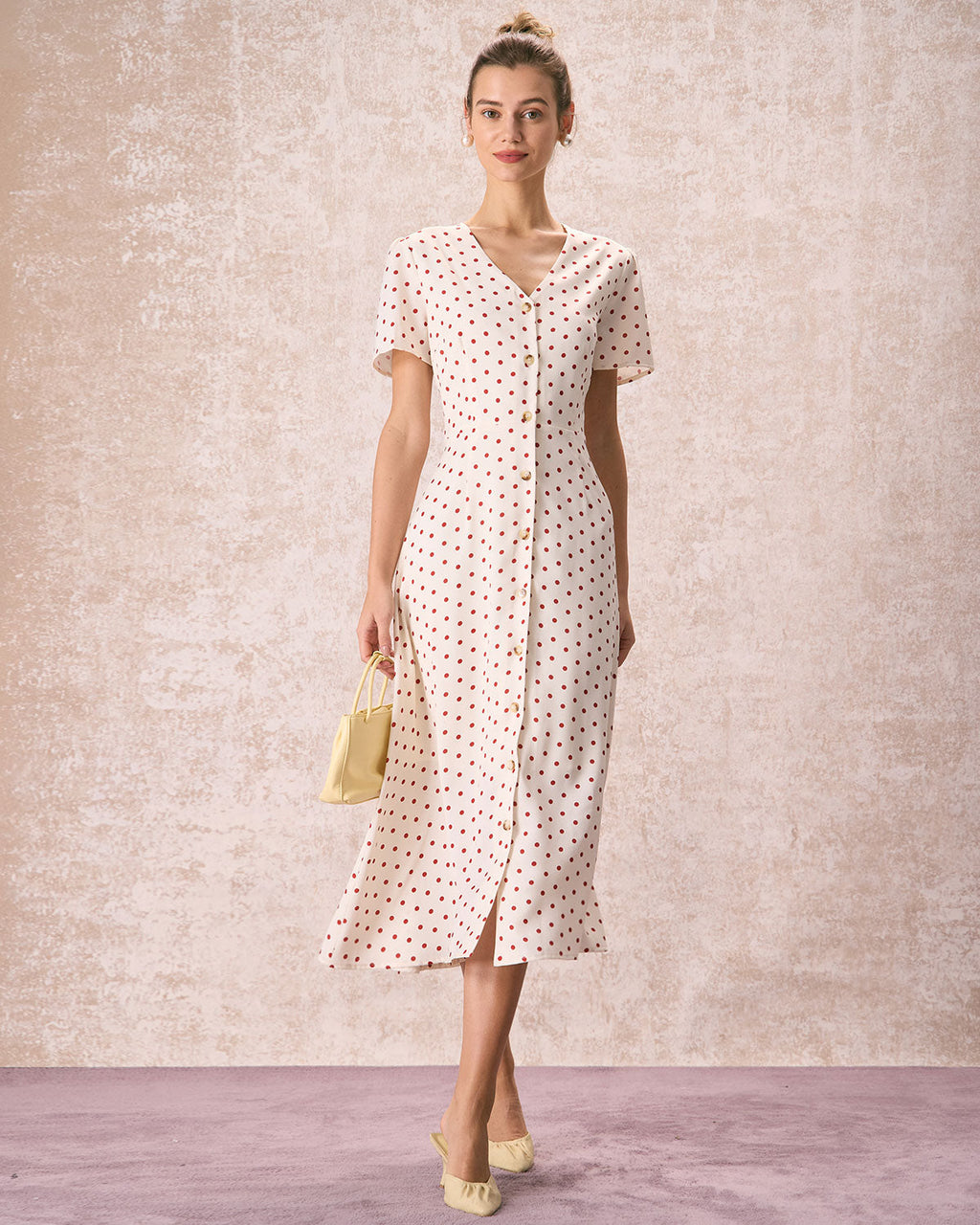 Beige Polka Dot Midi Dress with V-Neck and Button Details