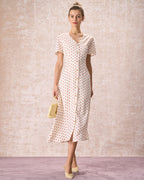 Beige Polka Dot Midi Dress with V-Neck and Button Details