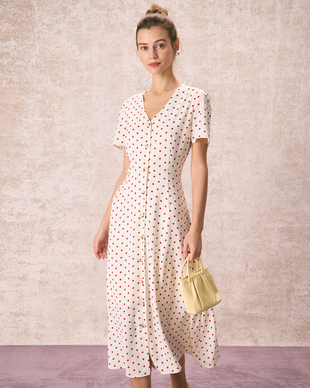 Beige Polka Dot Midi Dress with V-Neck and Button Details