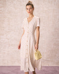 Beige Polka Dot Midi Dress with V-Neck and Button Details