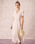 Beige Polka Dot Midi Dress with V-Neck and Button Details