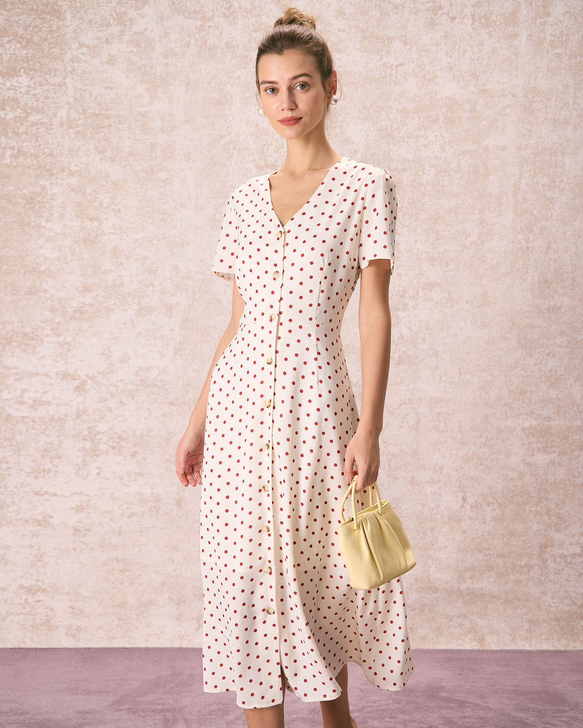 Beige Polka Dot Midi Dress with V-Neck and Button Details