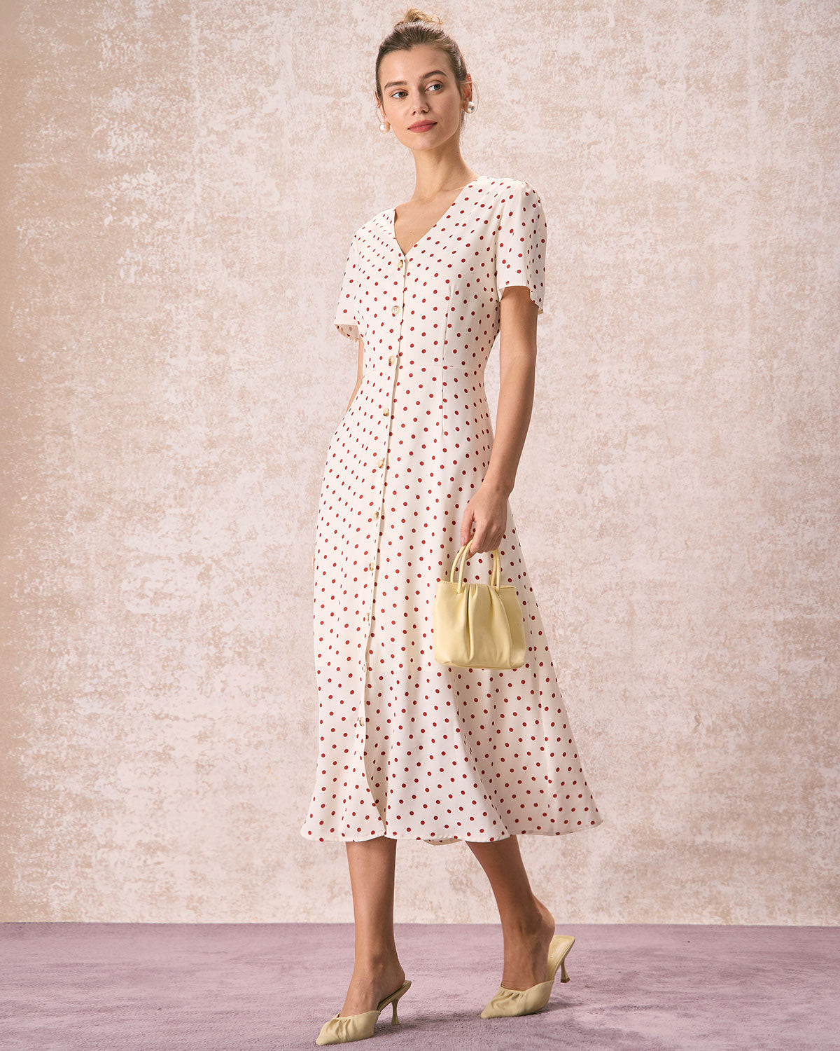Beige Polka Dot Midi Dress with V-Neck and Button Details