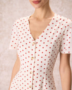 Beige Polka Dot Midi Dress with V-Neck and Button Details