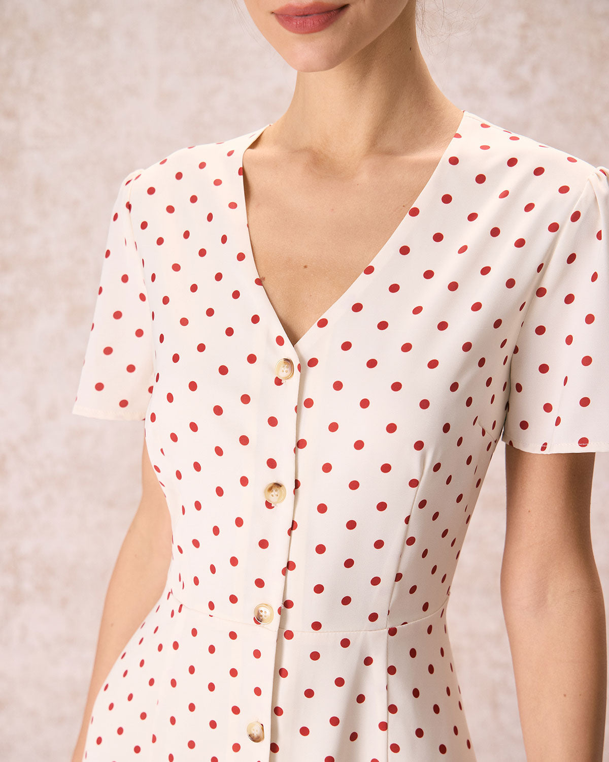 Beige Polka Dot Midi Dress with V-Neck and Button Details