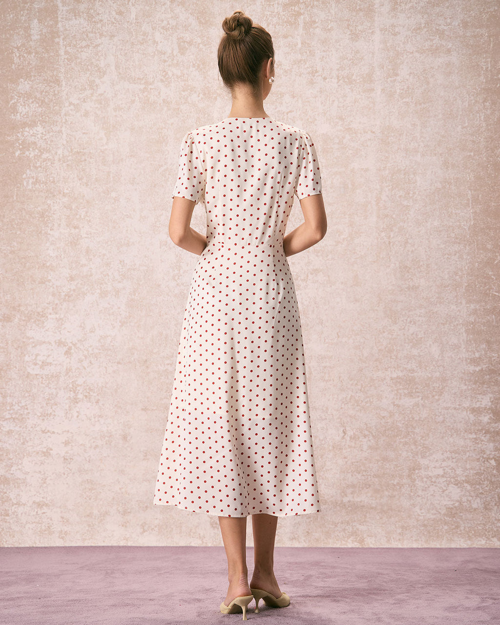 Beige Polka Dot Midi Dress with V-Neck and Button Details
