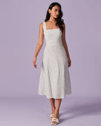 Striped Midi Dress with White Square Neck