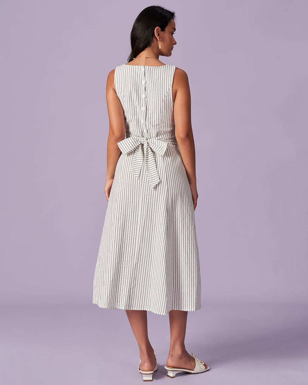 Striped Midi Dress with White Square Neck