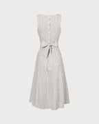 Striped Midi Dress with White Square Neck