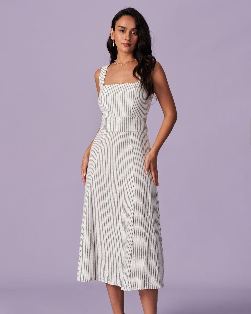 Striped Midi Dress with White Square Neck
