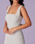 Striped Midi Dress with White Square Neck