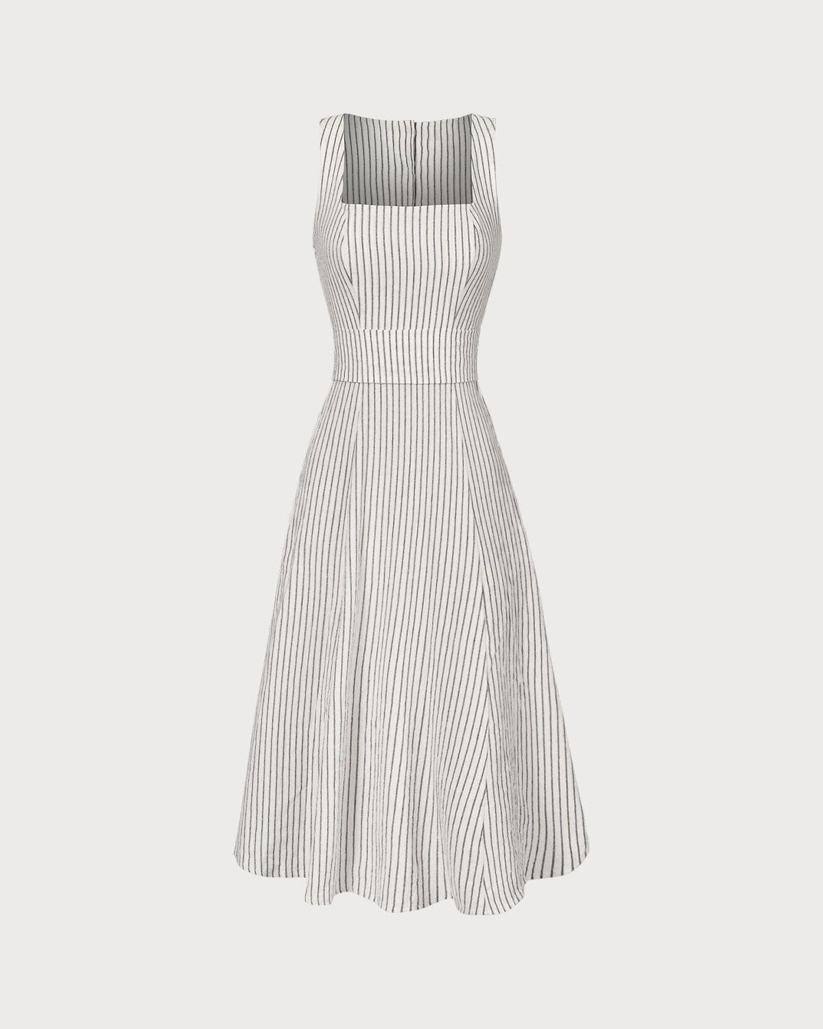 Striped Midi Dress with White Square Neck