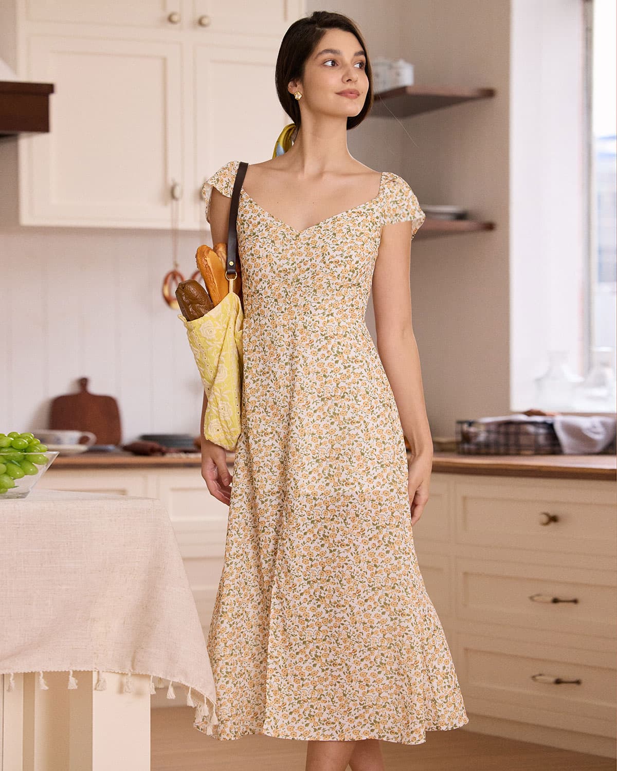 Floral Slit Midi Dress in Vibrant Yellow with V-Neck