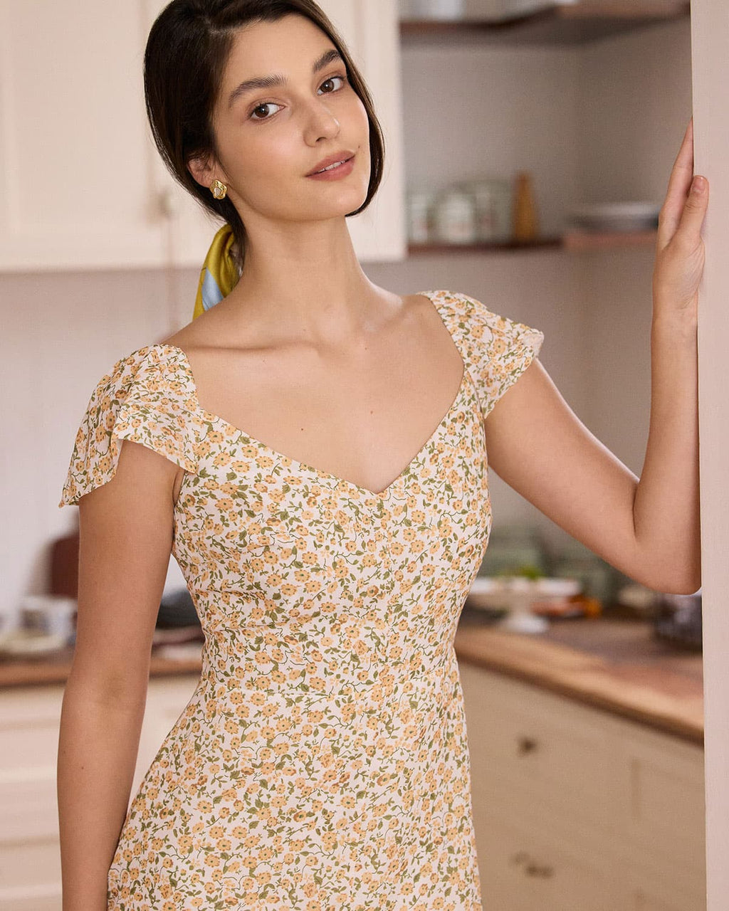 Floral Slit Midi Dress in Vibrant Yellow with V-Neck