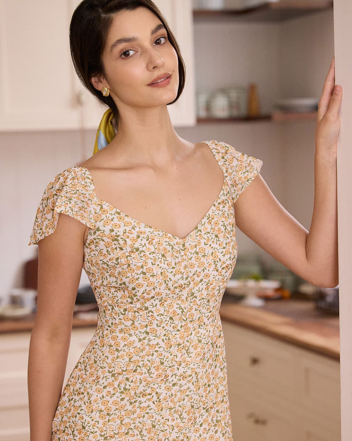 Floral Slit Midi Dress in Vibrant Yellow with V-Neck