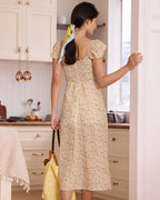 Floral Slit Midi Dress in Vibrant Yellow with V-Neck