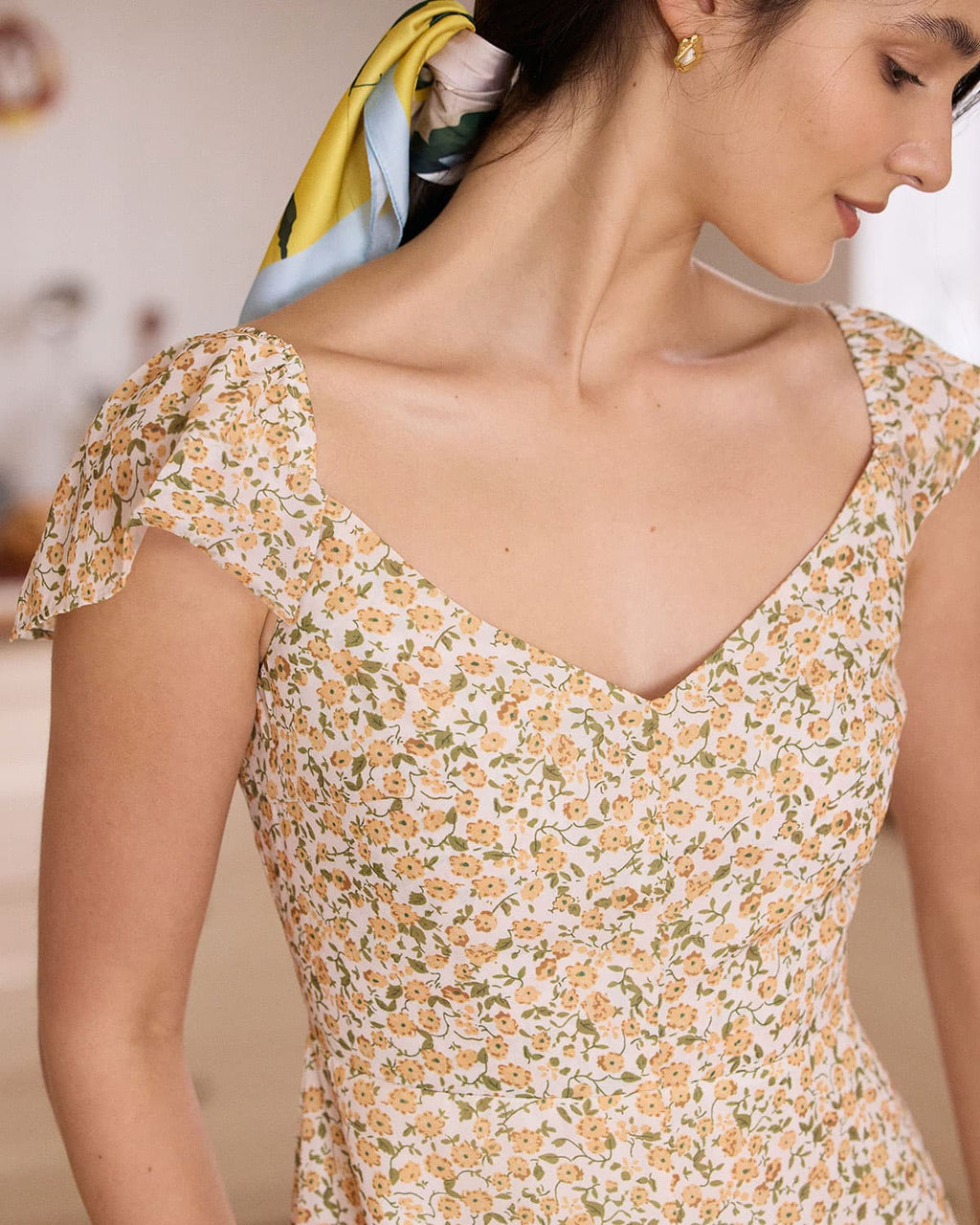 Floral Slit Midi Dress in Vibrant Yellow with V-Neck