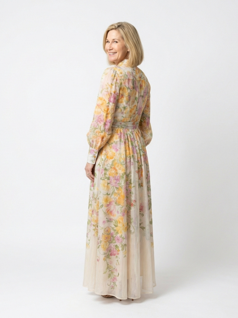 Cressida | Floral Transparente Langarm Maxi-Kleid