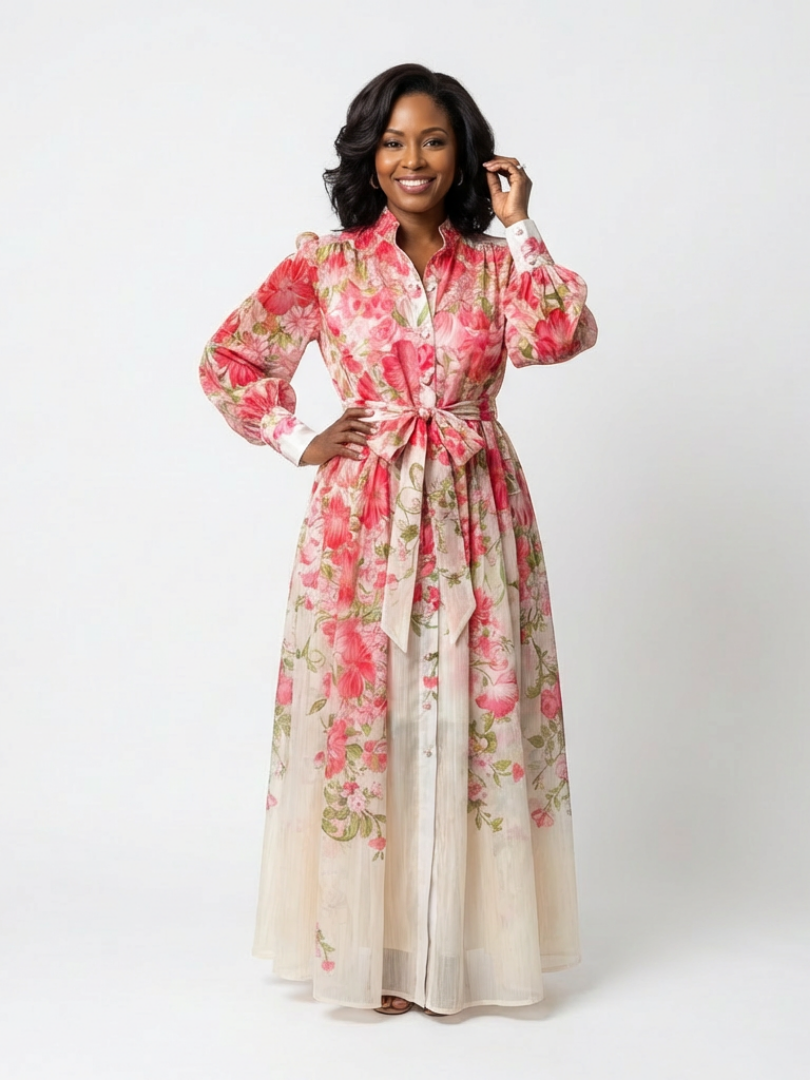 Cressida | Floral Transparente Langarm Maxi-Kleid