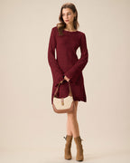 Wine Red A-Line Sweater Dress with Bell Sleeves