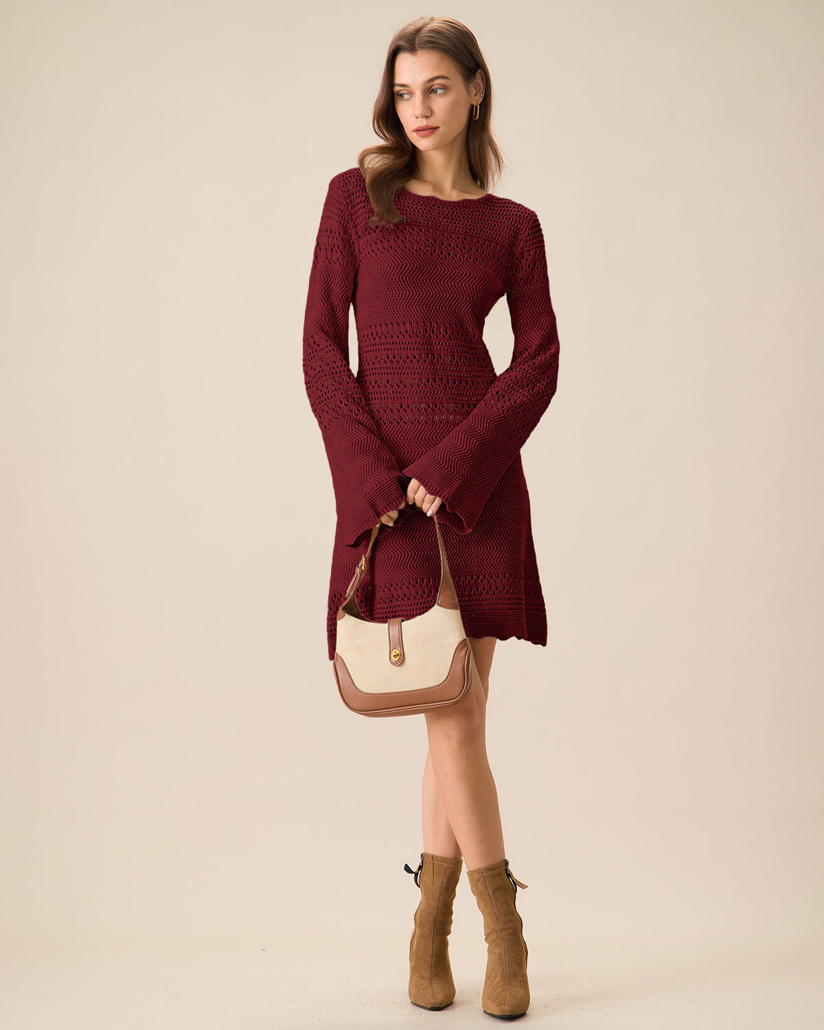 Wine Red A-Line Sweater Dress with Bell Sleeves