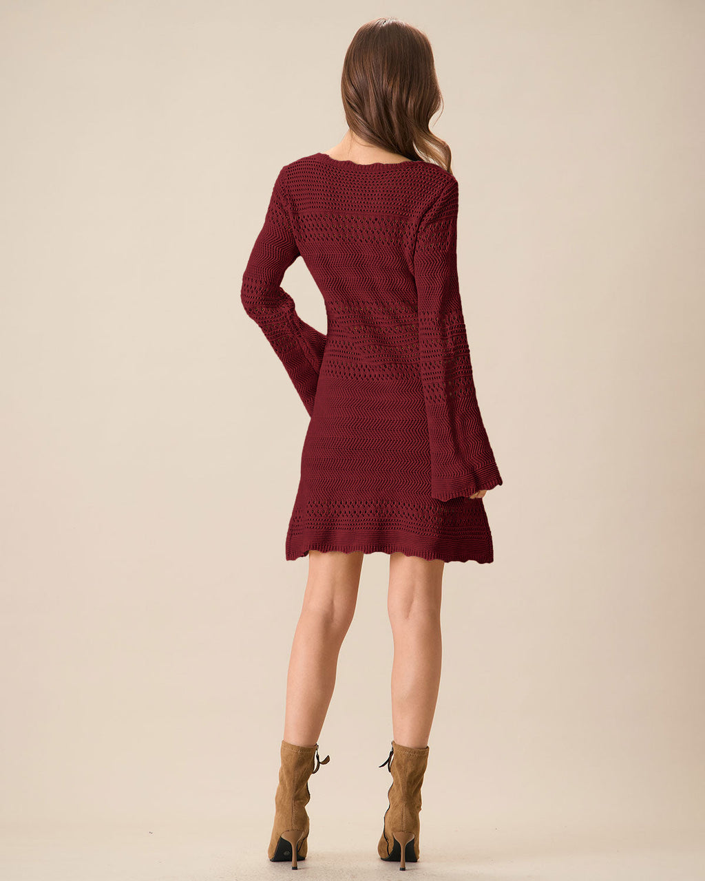 Wine Red A-Line Sweater Dress with Bell Sleeves