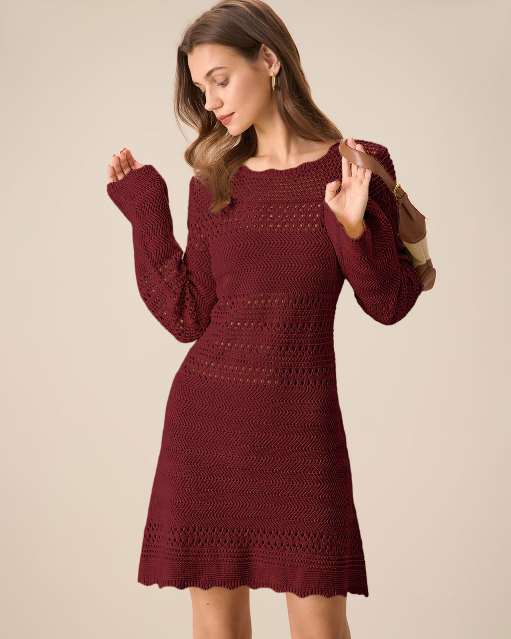 Wine Red A-Line Sweater Dress with Bell Sleeves