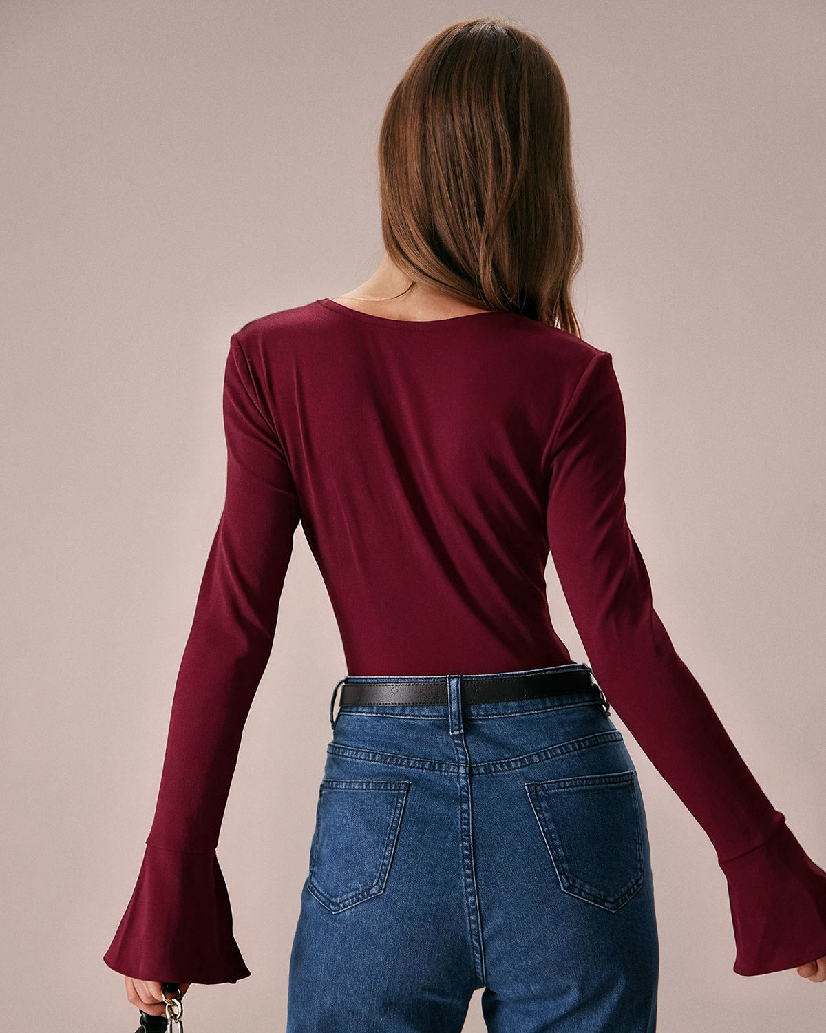 Wine Red Knit Tee with Bell Sleeves