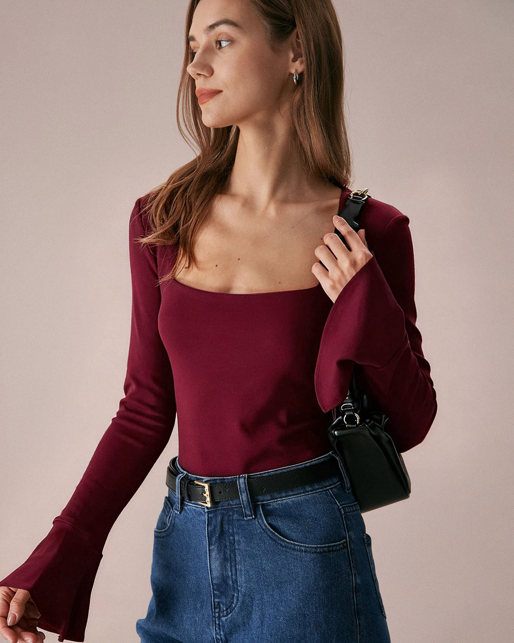 Wine Red Knit Tee with Bell Sleeves