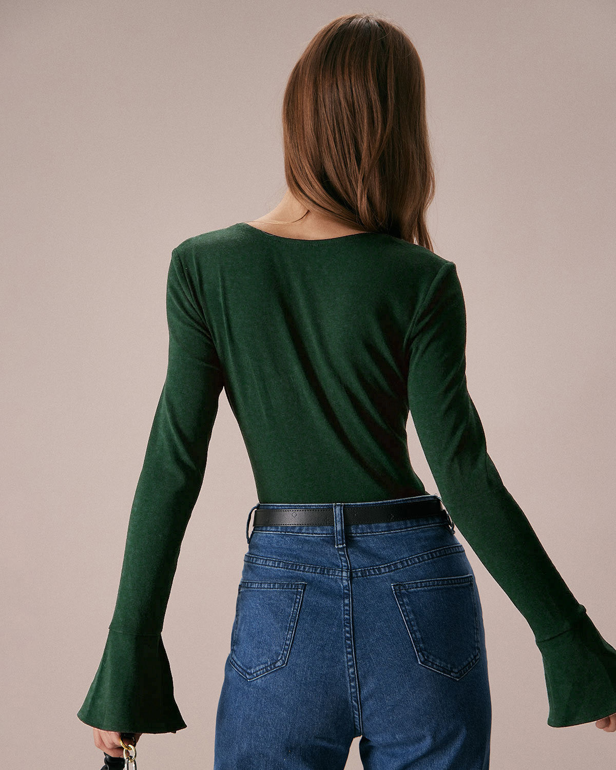 Green Ribbed Knit Top with Bell Sleeves