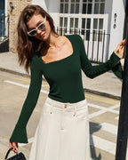 Green Ribbed Knit Top with Bell Sleeves