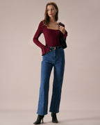 Wine Red Knit Tee with Bell Sleeves