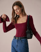 Wine Red Knit Tee with Bell Sleeves