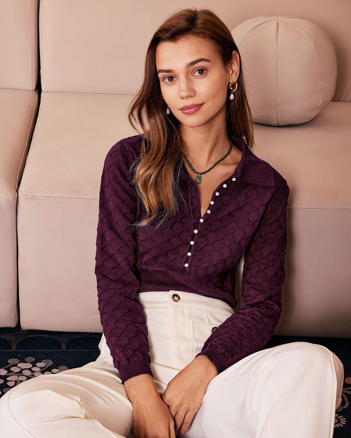 Knitted Tee with Purple Pearl Buttons