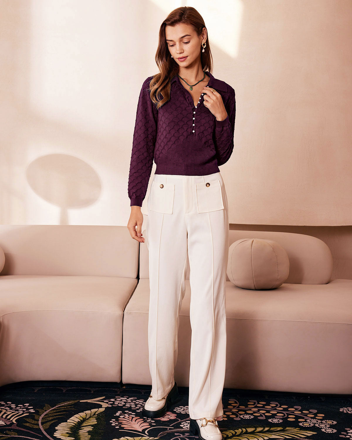 Knitted Tee with Purple Pearl Buttons
