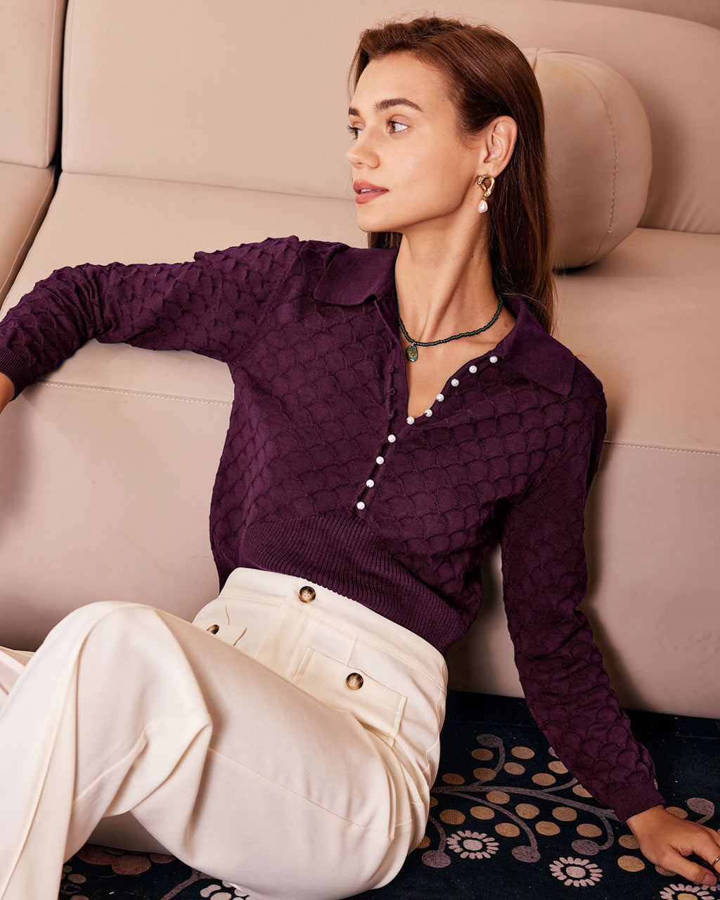 Knitted Tee with Purple Pearl Buttons