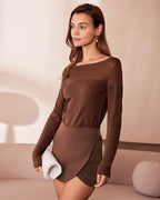 Sheer Brown Boat Neck T-Shirt