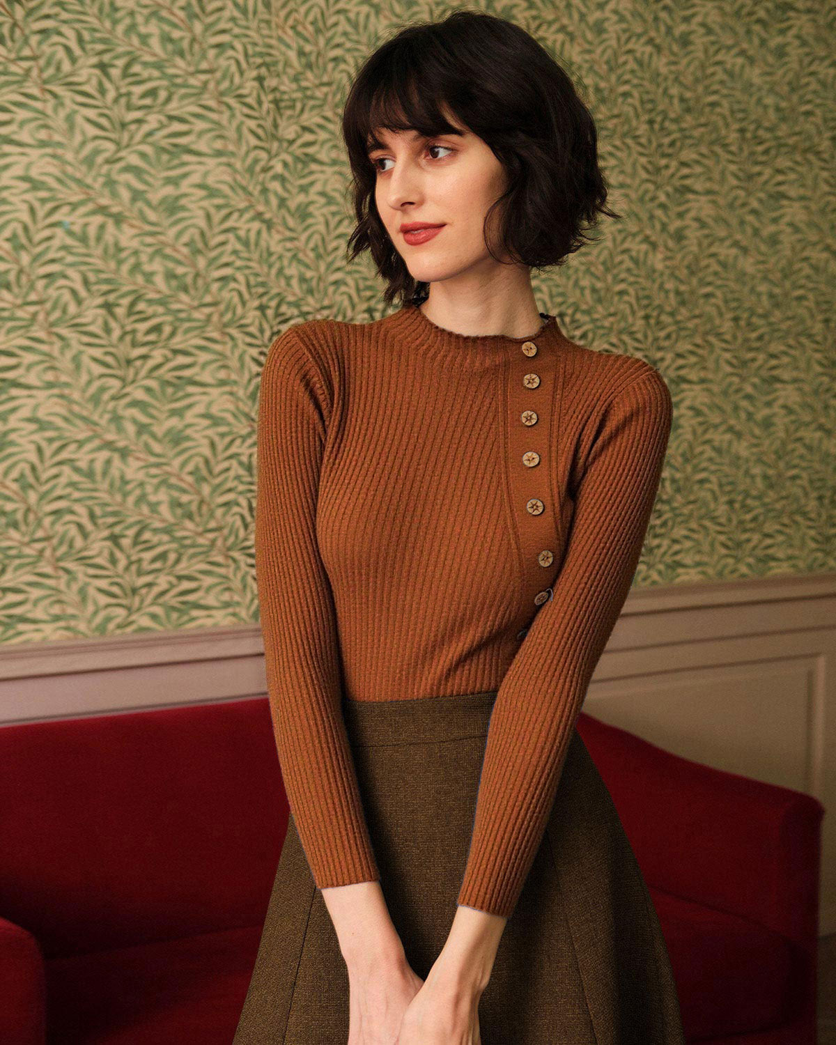 Caramel Ribbed Knit Mock Neck T-Shirt