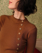 Caramel Ribbed Knit Mock Neck T-Shirt