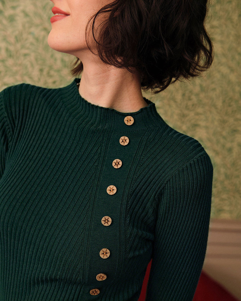 Ribbed Knit Tee with Mock Neck in Green