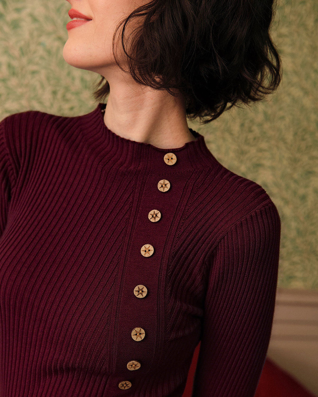 Ribbed Knit Tee in Wine Red with Mock Neck