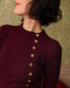 Ribbed Knit Tee in Wine Red with Mock Neck