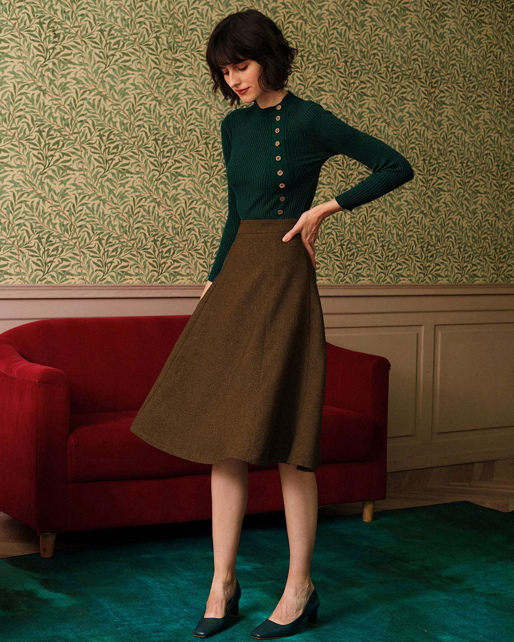 Ribbed Knit Tee with Mock Neck in Green