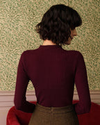 Ribbed Knit Tee in Wine Red with Mock Neck