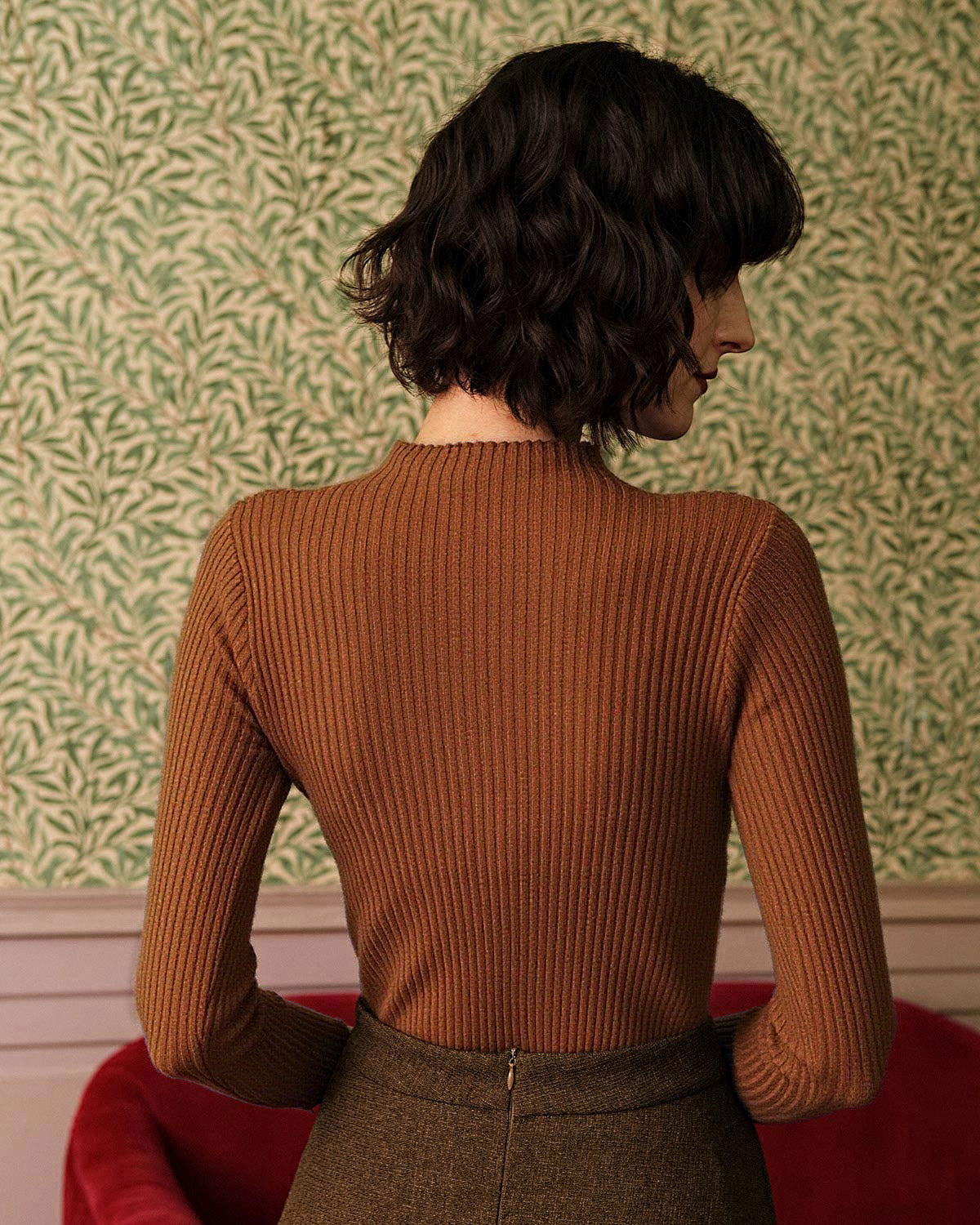 Caramel Ribbed Knit Mock Neck T-Shirt
