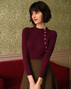 Ribbed Knit Tee in Wine Red with Mock Neck