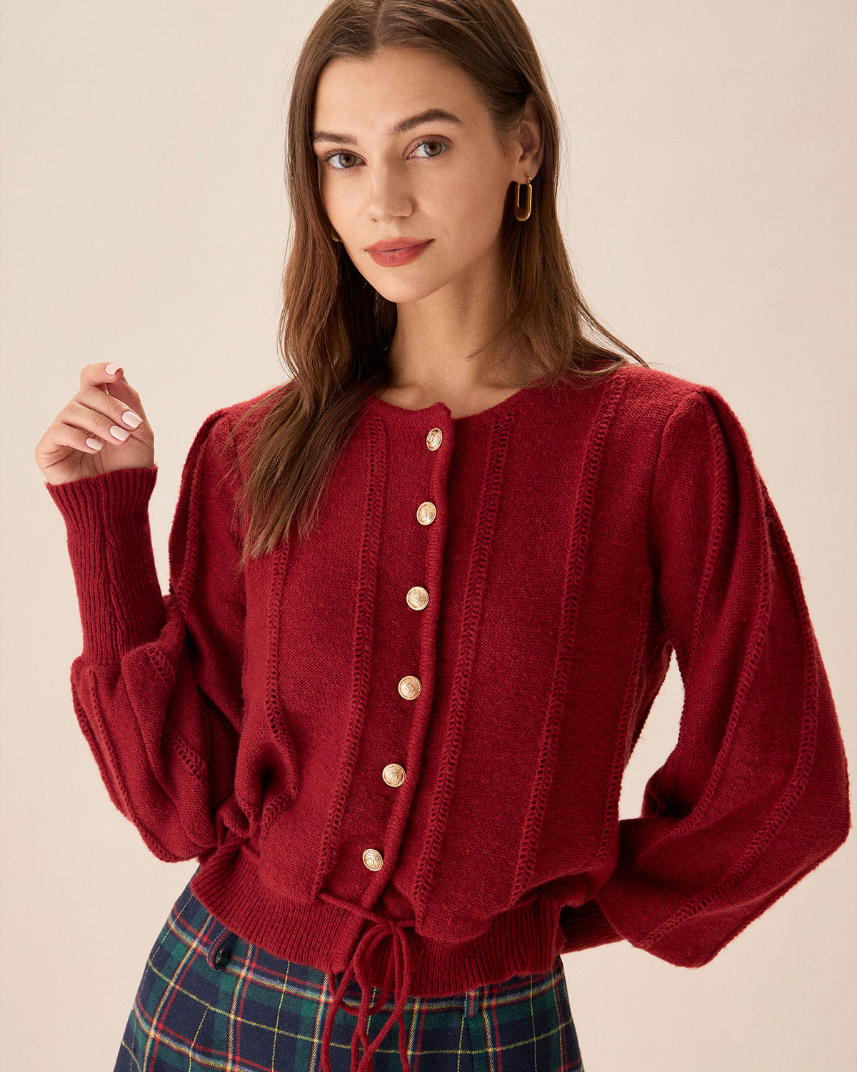 Single-Breasted Cardigan with Red Lantern Sleeves